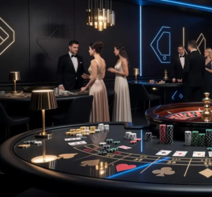 Elegáns, neonfényes kaszinó jellegű rendezvénytér, blackjack és roulette asztalokkal.