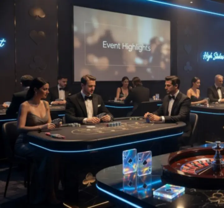 Elegáns, kék és arany fényekkel megvilágított kaszinó hangulatú rendezvény