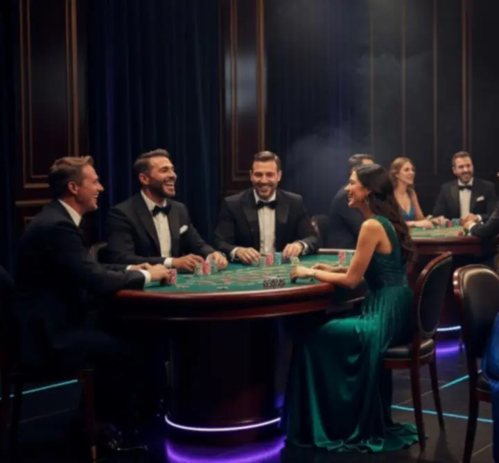 Midnight Circle Hub tematikus est galéria: elegáns casino hangulat, dekoráció és játék állomások
