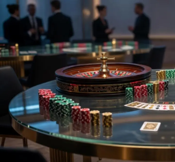 Interaktív játékállomások és casino-inspirált asztalok egy tematikus esten