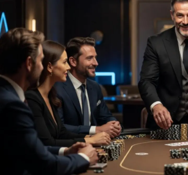 Mosolygó poker házigazda és dealer, elegáns öltözékben, modern neonfényű pókerasztal mellett.