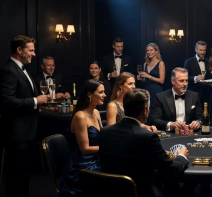 Poker esemény fotója: neonfényű kaszinóhangulat, üvegfényű asztalok, elegáns vendégek és koncentrált játékosok.