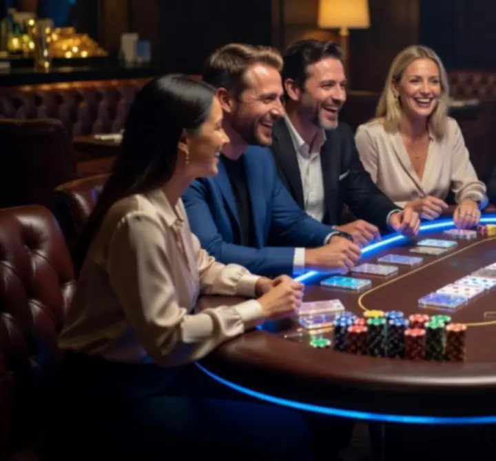 Privát poker asztal baráti társasággal és elegáns kártyákkal