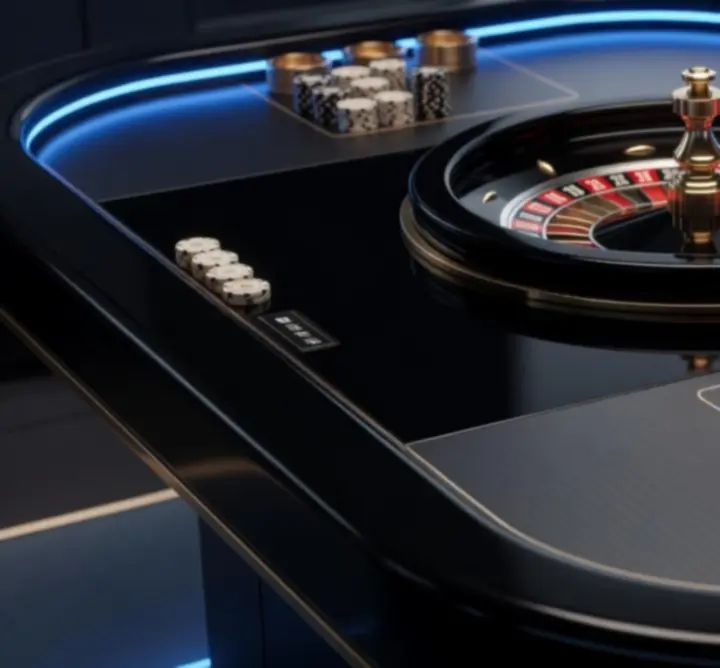 Roulette asztal részletei, prémium zsetonokkal és fényekkel.