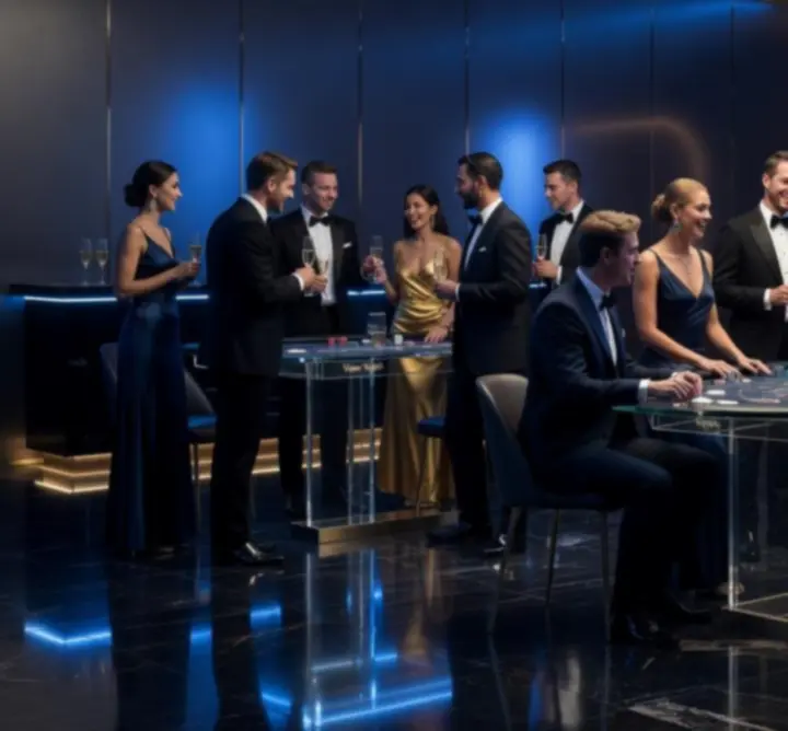 Modern, neonfényes kaszinó hangulatú rendezvényterem asztalokkal és vendégekkel