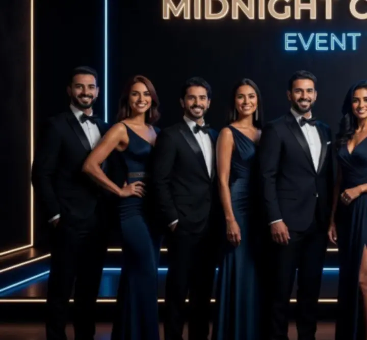 Midnight Circle Hub csapat elegáns, fekete-neon hangulatú rendezvényhelyszínen